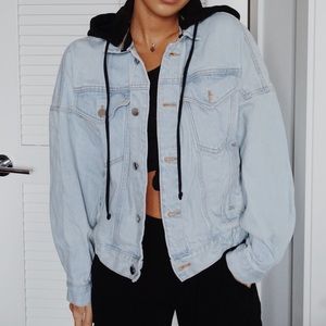 Zara Light Blue Denim Jean Jacket with Black Hood